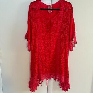 JOHNNY WAS Eyelet tunic top tie back with crochet trim